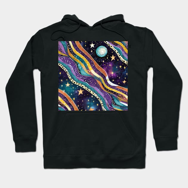 Geometric pattern of curved seamless stripes making a starry night with galaxy and stars Hoodie by mooonthemoon